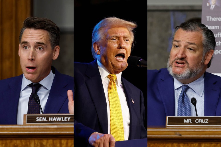 triptych showing Sen. Hawley at a desk with a name plate in front of him. He is wearing a dark suit and tie and speaking, Trump in a yellow tie and dark suit yelling into a microphone, and Ted Cruz seated with a name plate in front of him in a blue suit