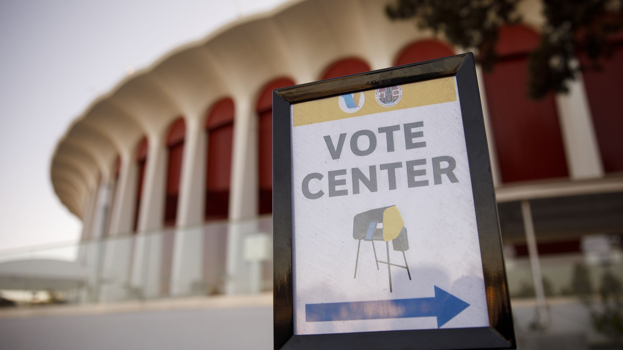 Signage outside an early voting polling location at The Forum arena for the 2020 Presidential election in Inglewood CA.