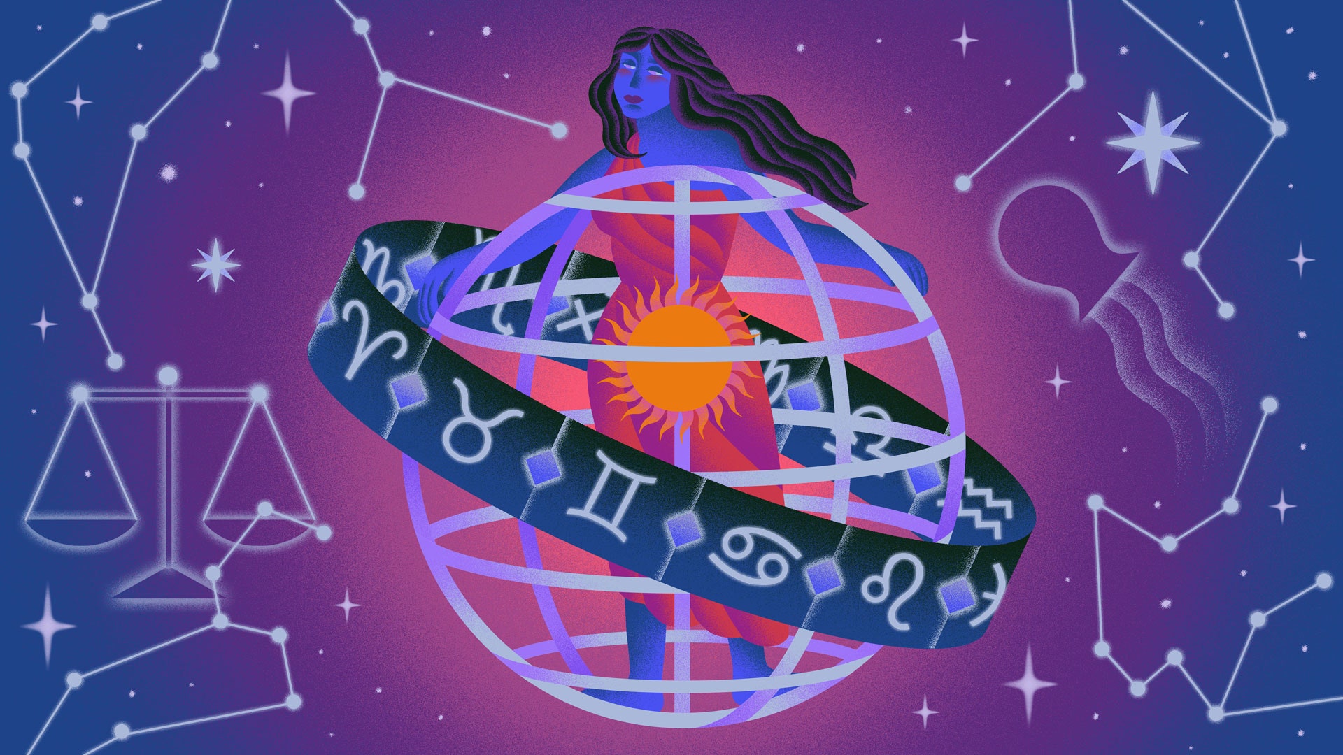 Weekly Horoscope a stylized illustration of a figure standing in a globe wireframe with all the astrological symbols...